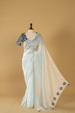 Load image into Gallery viewer, Ice Blue Abudai silk paired with bamdhani contrast blouse
