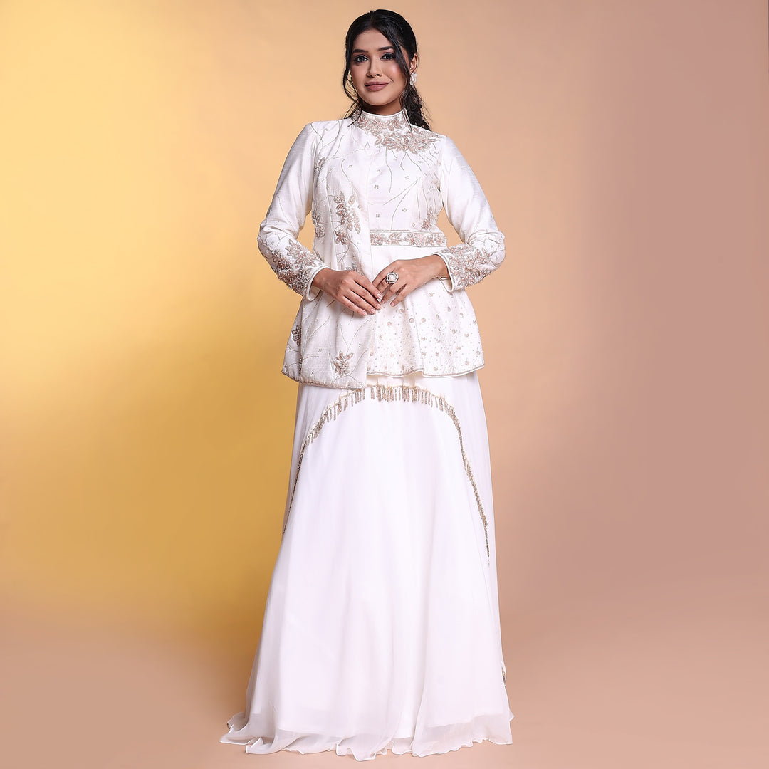 White indowestern lehenga with peplum blouse