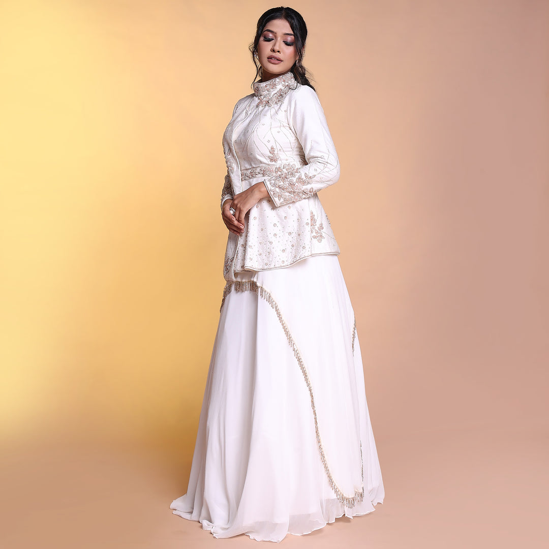 White indowestern lehenga with peplum blouse
