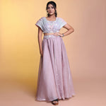 Load image into Gallery viewer, Lilac slit skirt with dramatic blouse
