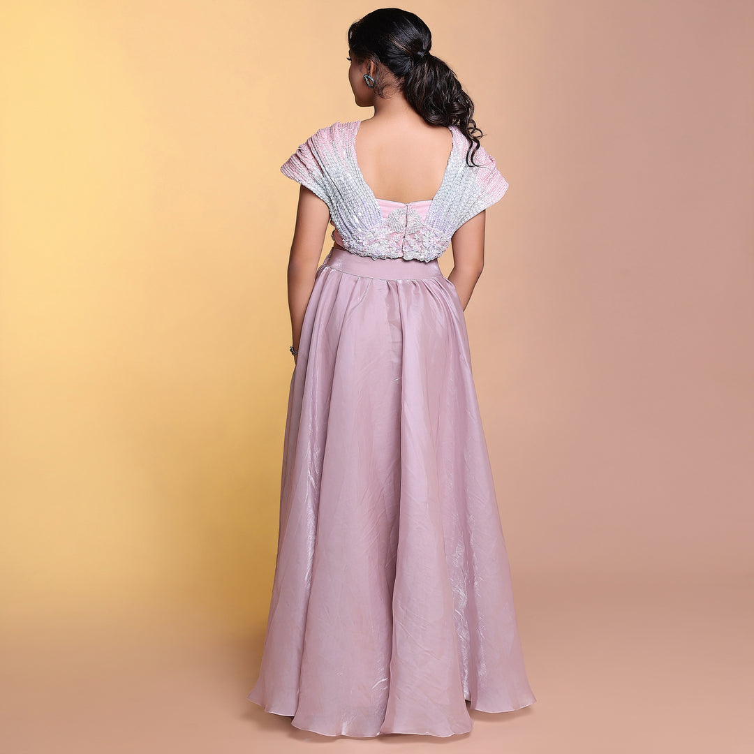 Lilac slit skirt with dramatic blouse