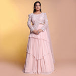 Load image into Gallery viewer, Peach dramatic indowestern lehenga
