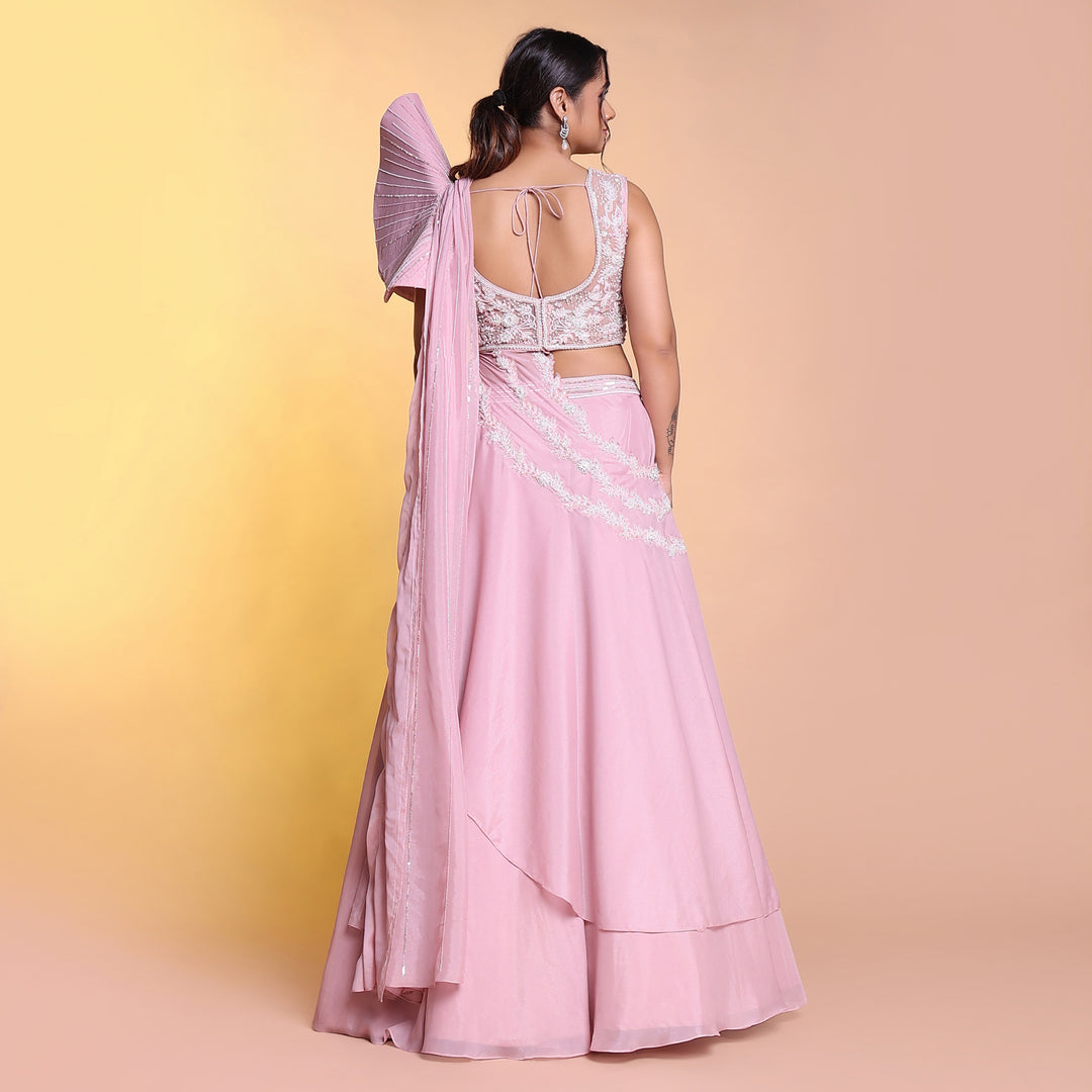 Shimmer Pink dramatic drape indowestern