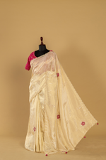 Load image into Gallery viewer, Ivory Tissue applique sequence saree paired with  pink embroidered blouse
