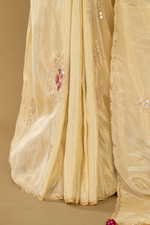 Load image into Gallery viewer, Ivory Tissue applique sequence saree paired with  pink embroidered blouse
