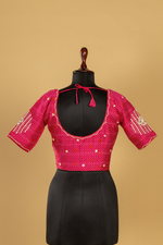 Load image into Gallery viewer, Ivory Tissue applique sequence saree paired with  pink embroidered blouse
