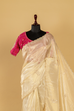 Load image into Gallery viewer, Ivory Tissue applique sequence saree paired with  pink embroidered blouse
