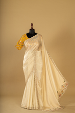 Load image into Gallery viewer, Ivory crush tissue resham &amp; zardosi embroidered saree paired with  yellow blouse
