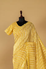 Load image into Gallery viewer, Lemon Yellow Tissue stripe saree paired with embroidered blouse
