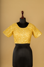 Load image into Gallery viewer, Lemon Yellow Tissue stripe saree paired with embroidered blouse
