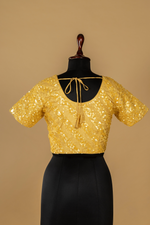 Load image into Gallery viewer, Lemon Yellow Tissue stripe saree paired with embroidered blouse
