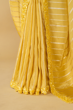 Load image into Gallery viewer, Lemon Yellow Tissue stripe saree paired with embroidered blouse
