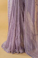 Load image into Gallery viewer, Lilac Tissue embroidered saree paired with feather detailing blouse
