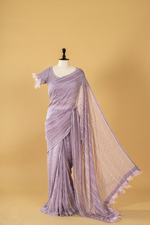 Load image into Gallery viewer, Lilac Tissue embroidered saree paired with feather detailing blouse
