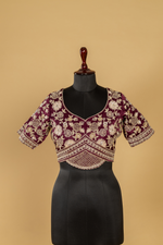 Load image into Gallery viewer, Mauve Crushed Tissue heavy embroidered saree paired with purple blouse
