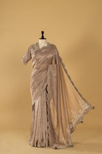 Load image into Gallery viewer, Mauve tissue embroidered saree paired with stitched blouse
