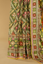 Load image into Gallery viewer, Mustard Ajrak print saree with embroidery highlightment paired with full sleeves blouse
