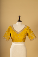 Load image into Gallery viewer, Mustard silk printed border highlighted saree paired with elbow sleeves blouse
