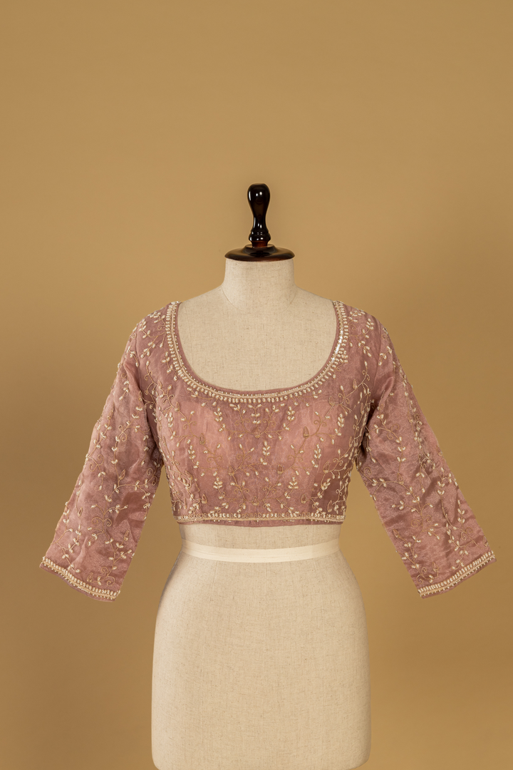 Old Rose Embroidered Tissue Saree