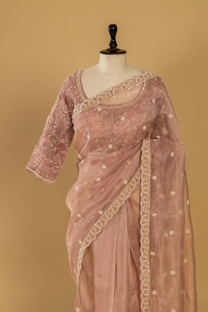 Old Rose Embroidered Tissue Saree