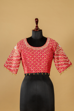 Load image into Gallery viewer, Onion peach tissue saree paired with pink bandhej upada blouse
