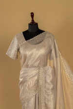 Load image into Gallery viewer, Peach soft Tissue katdana &amp; stone work paired with stitched blouse
