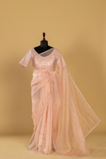 Load image into Gallery viewer, Pink Crush Tissue Saree paired with sequence embroiderd blouse
