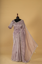 Load image into Gallery viewer, Purple georgette tissue saree paired with stitched embroidered saree
