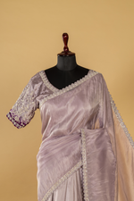 Load image into Gallery viewer, Purple georgette tissue saree paired with stitched embroidered saree
