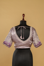Load image into Gallery viewer, Purple georgette tissue saree paired with stitched embroidered saree
