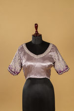 Load image into Gallery viewer, Purple georgette tissue saree paired with stitched embroidered saree
