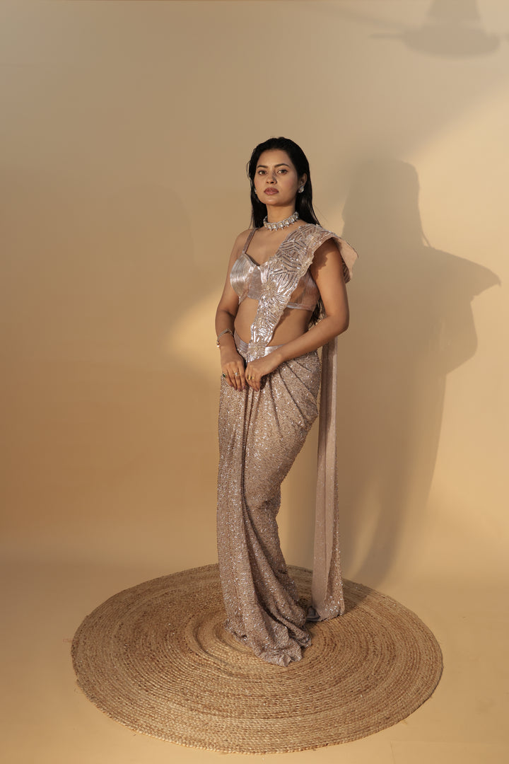 Onion Pink Contemporary Draped Saree with Sequin & Bead Embellishment