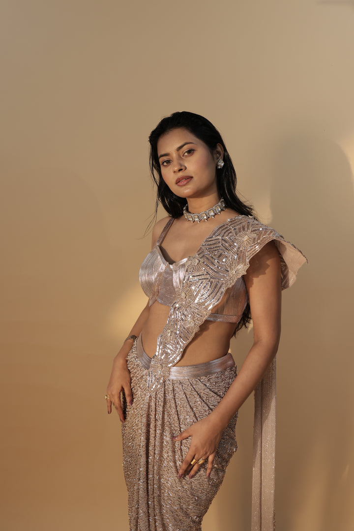 Onion Pink Contemporary Draped Saree with Sequin & Bead Embellishment