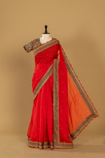 Load image into Gallery viewer, Red Ajrak Print Saree paired with Charcoal Stitched Blouse
