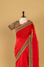 Load image into Gallery viewer, Red Ajrak Print Saree paired with Charcoal Stitched Blouse
