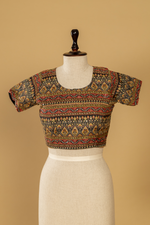 Load image into Gallery viewer, Red Ajrak Print Saree paired with Charcoal Stitched Blouse
