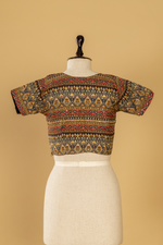 Load image into Gallery viewer, Red Ajrak Print Saree paired with Charcoal Stitched Blouse
