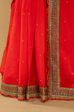 Load image into Gallery viewer, Red Ajrak Print Saree paired with Charcoal Stitched Blouse
