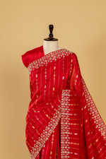Load image into Gallery viewer, Red Banarasi Embroidered saree paired with unstitched blouse
