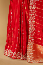 Load image into Gallery viewer, Red Banarasi Embroidered saree paired with unstitched blouse
