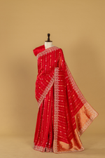 Load image into Gallery viewer, Red Banarasi Embroidered saree paired with unstitched blouse

