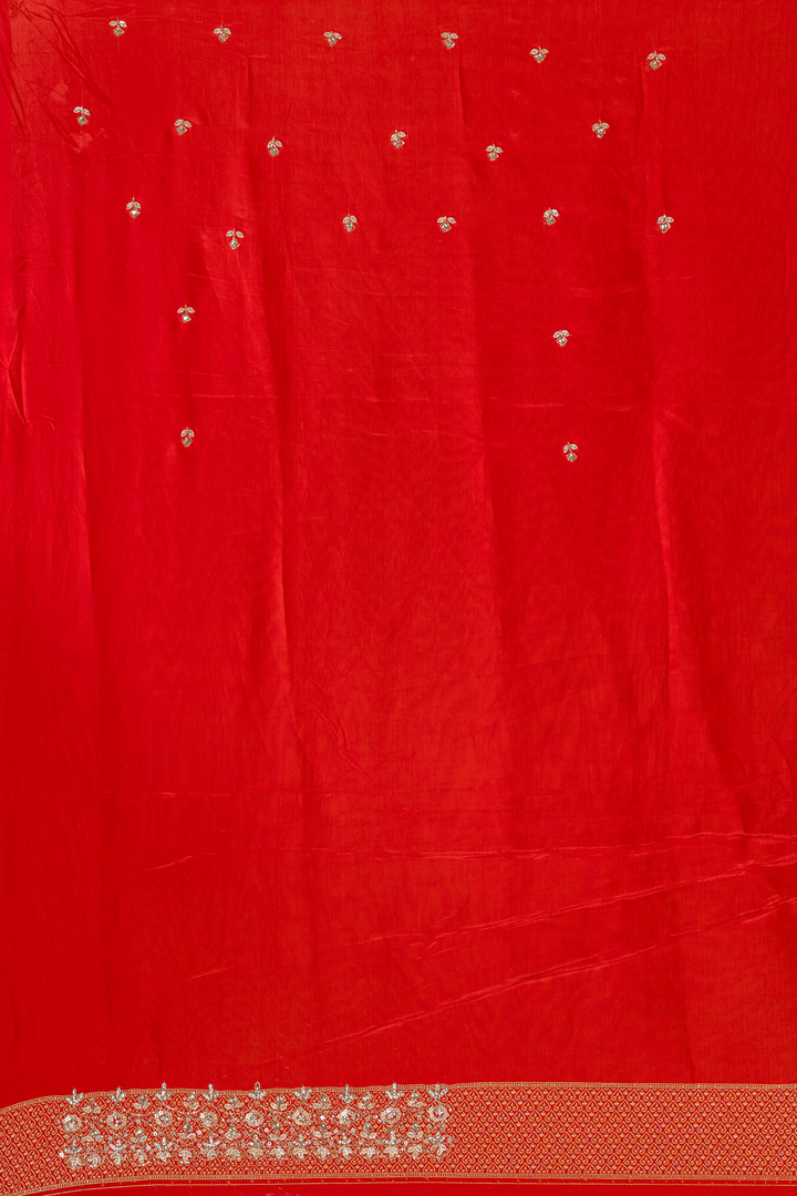 Red Banarasi Embroidered saree paired with unstitched blouse