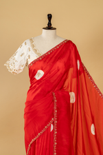Load image into Gallery viewer, Red Habutai silk zardosi saree paired with white contrast blouse
