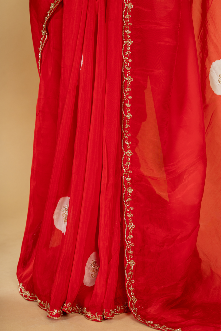 Red Habutai silk zardosi saree paired with white contrast blouse