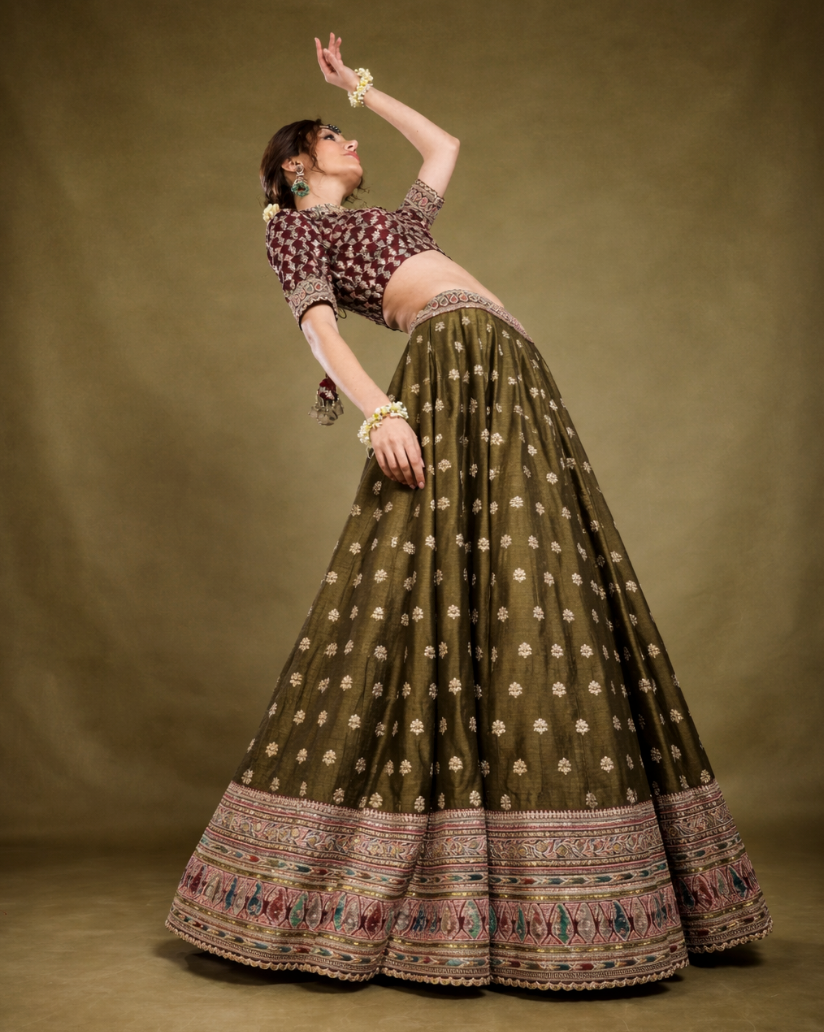 Wine and Olive green Lehenga