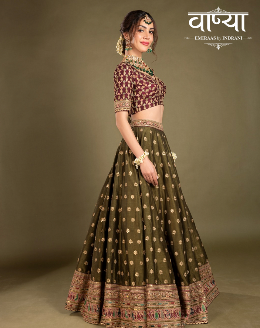 Wine and Olive green Lehenga