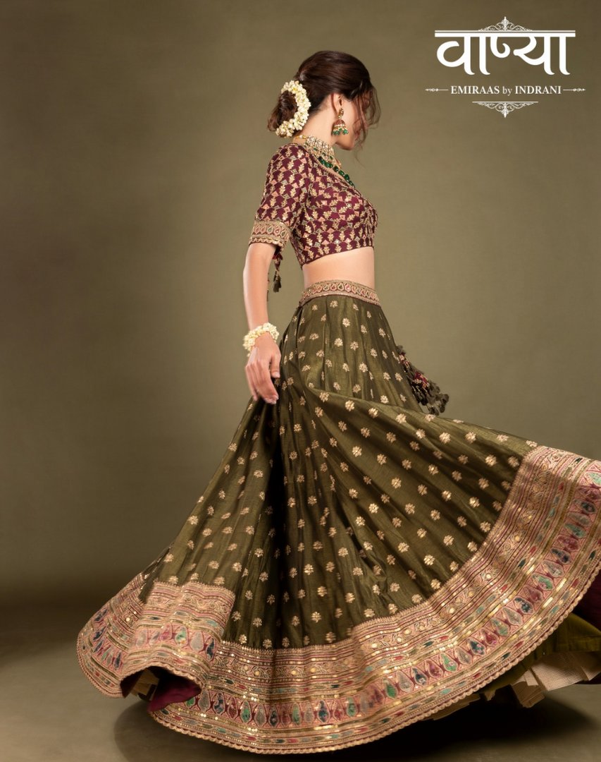 Wine and Olive green Lehenga