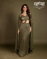 Load image into Gallery viewer, Olive-toned, pre-draped contemporary saree