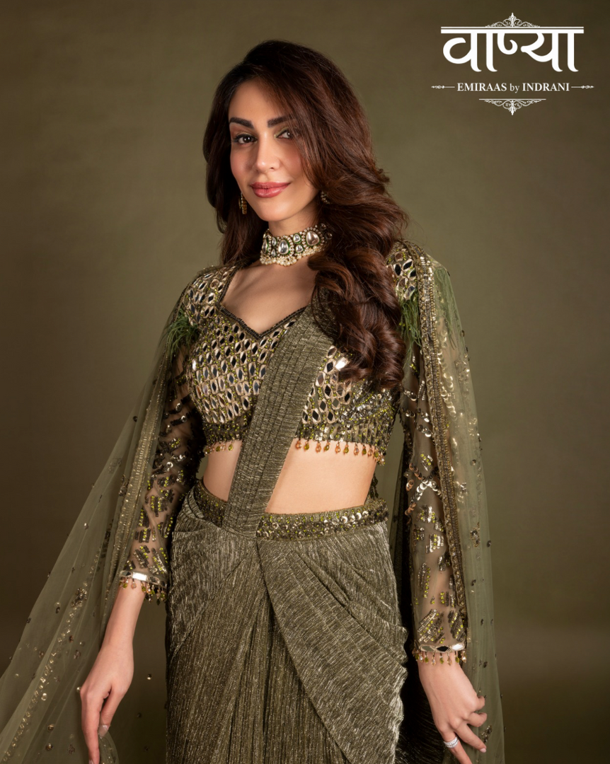 Olive-toned, pre-draped contemporary saree