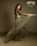 Load image into Gallery viewer, Olive-toned, pre-draped contemporary saree